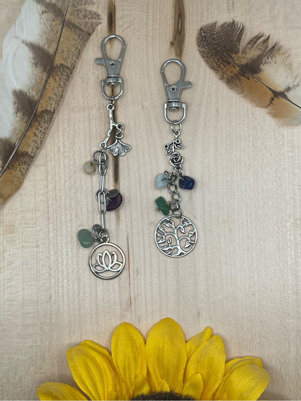 Handmade Boho Free People Inspired Bag Charms Set of 2 Lotus+Rose+Tree of life